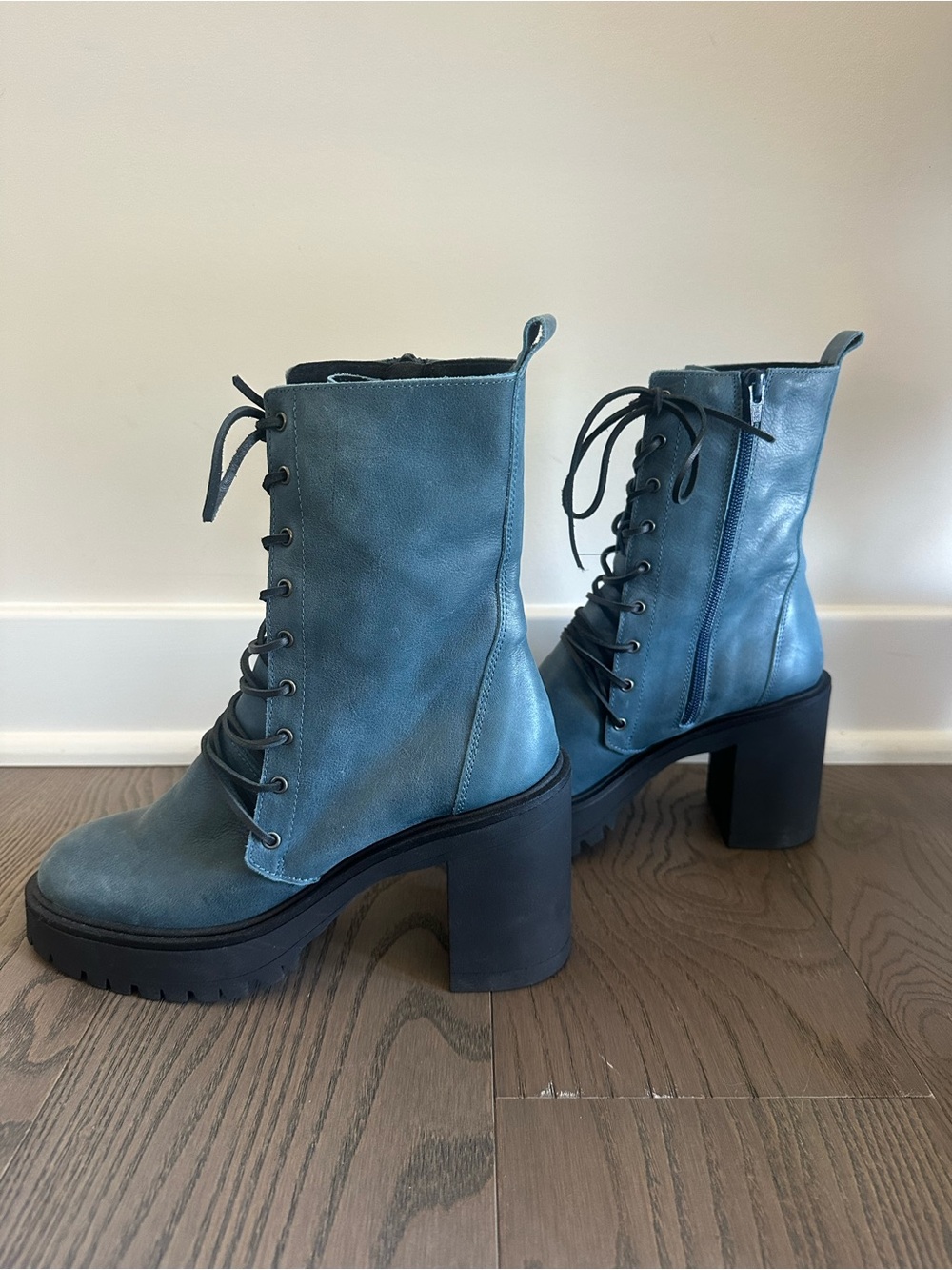 Free People Denim Blue Lace-Up Chunky Heel Boots